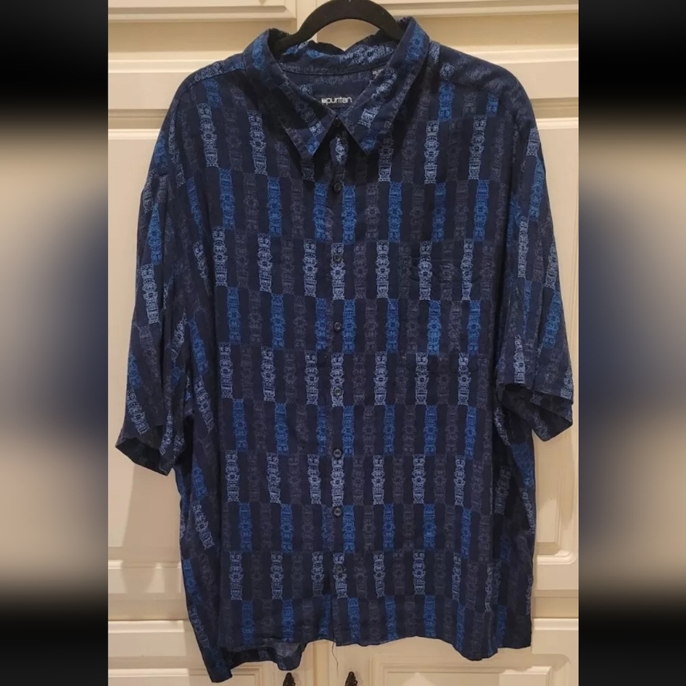 Mens Tiki Hawaiian Shirt 3XL Puritan Brand Blue XXXL Hawaii 3XG EX Condition